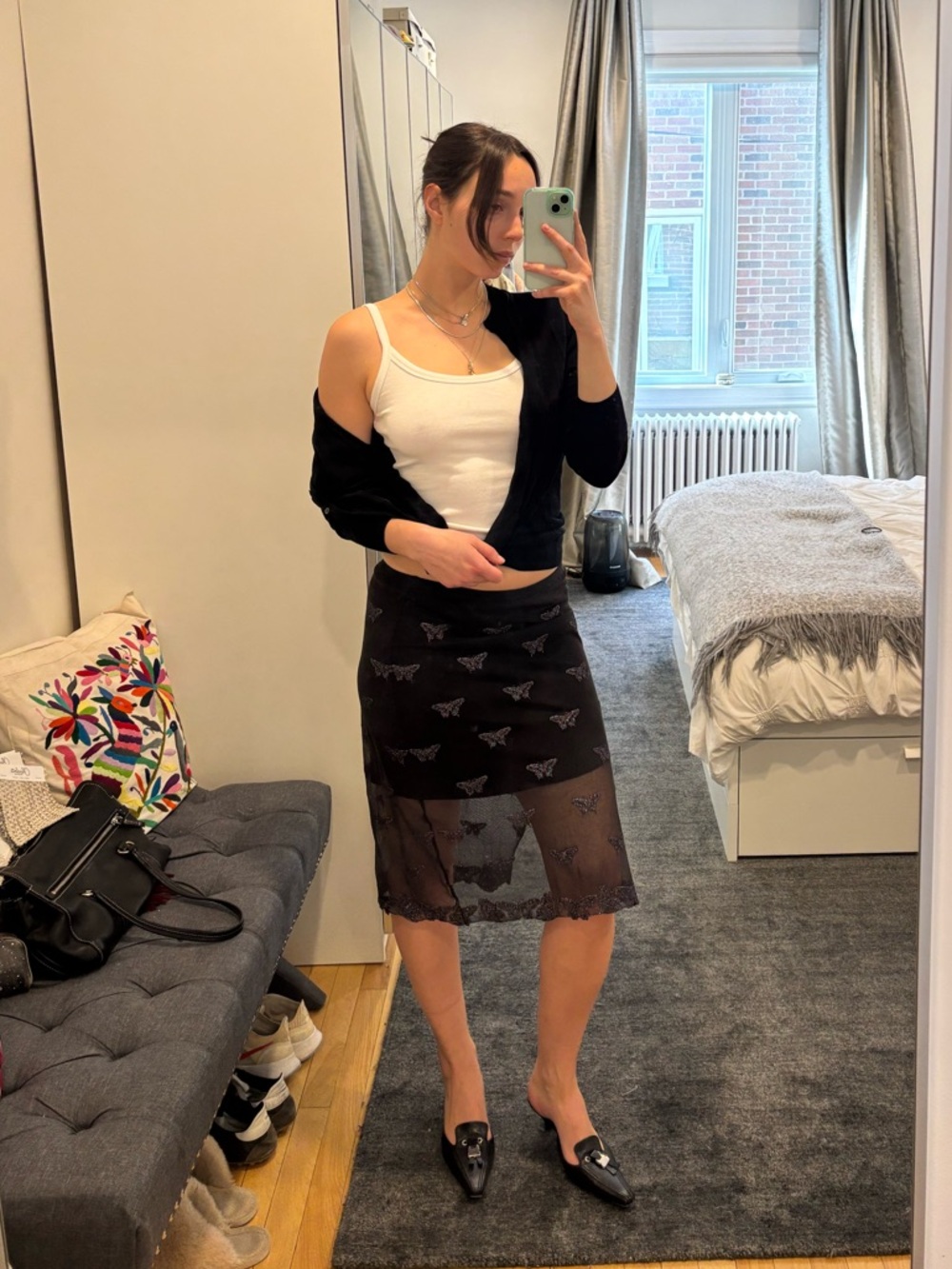 Fleur du Mal Black Mesh Skirt with Multicolor Butterflies